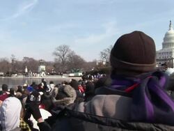 January 20, 2009 MS PAN Excited crowds on the National Mall at the inauguration of Barack Obama / Washington DC / AUDIO Stock Footage