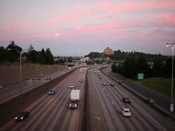 The Interstate Five highway in Seattle Washington at sunset. Stock Footage