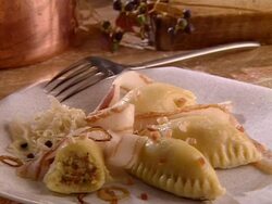 Filled dumplings with streaky bacon and onions Stock Footage