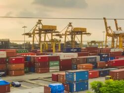 Shipping port in the big city,Panning shot Stock Footage
