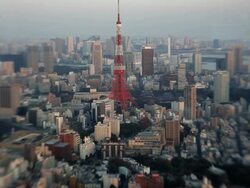High elevation view of Tokyo city Tower and district using Lensbaby, Japan, Asia Stock Footage