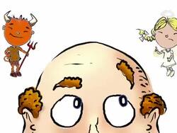 Bald man and his conscience on white version Stock Footage