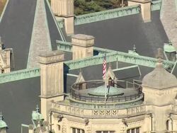 MS AERIAL Shot of American flag on Biltmore Estate / North Carolina, United States Stock Footage