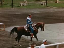 1956 WS PAN Gene Autry on horse at Canadian National Exhibition, Toronto, Ontario, Canada Stock Footage