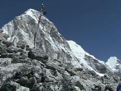 WS Trekkers reaching Summit of Kala Pattar / Gorak Shep, Khumbu Region, Nepal Stock Footage