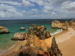 Coastal view of Praia Do Camilo, Lagos, Algarve, Portugal, Europe Stock Footage