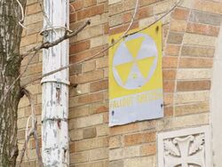 MS Sign 'Fallout Shelter' with radioactive symbol Stock Footage