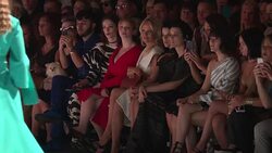 June Ambrose, Kelly Osbourne, Brad Walsh, Coco Rocha, Pamela Anderson, Neve Campbell, Christina Hendricks, Jaimie Alexander, Ashley Graham and Isabelle Fuhrman at Christian Siriano - September 2016 - New York Fashion Week Stock Footage