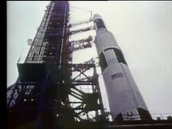low angle of Apollo 17 rocket on launch pad Stock Footage