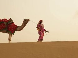 Rajasthani woman kicking sand in desert, Sam Desert, Jaisalmer, Rajasthan, India Stock Footage