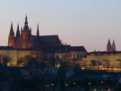 WS View of charles bridge behind prague castle at sunset time / Prague, Hlavni mesto Praha, Czech Republic Stock Footage
