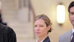 Judges and lawyers standing in courthouse Stock Footage