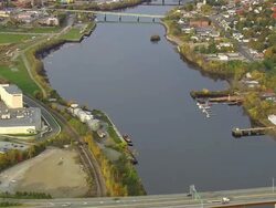 WS ARIEAL View of bridge with river / Maine, United States Stock Footage