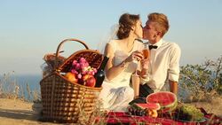 Wedding picnic on the coast Stock Footage
