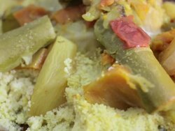 CU PAN Shot of traditional Moroccan couscous meal dish / Fez, Fes-Boulemane, Morocco Stock Footage