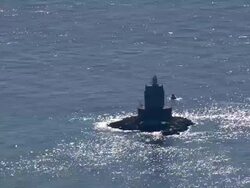 MS AERIAL Lighthouse off Fishers Island / New York, United States Stock Footage
