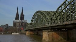 Rhine River,Hohenzollern Bridge with Cologne Cathedral, Cologne, North Rhine-Westphalia, Germany Stock Footage