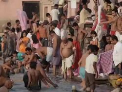 WS People bathing in Ganges / Varanasi, India Stock Footage