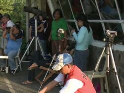 Volcanologists and other scientists observe volcanic eruption from observatory, Philippines, Dec 2009 Stock Footage