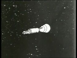 B/W 1965 animated Soviet space capsule in space / SOUND Stock Footage
