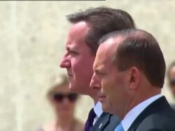 G20 Summit CANBERRA David Cameron and Tony Abbott listening to National Anthems at welcoming ceremony News Clip