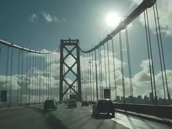 WS SLO MO POV View of driving over Bay Bridge with dowtown San Francisco skyline / San Francisco, California, United States Stock Footage
