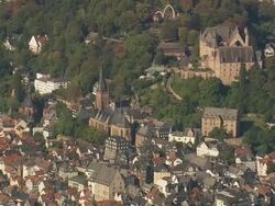 MS AERIAL Shot of Marburg castle / Germany Stock Footage
