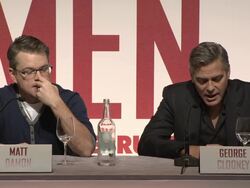 INTERVIEW - George Clooney & Matt Damon on pranks on set at 'The Monuments Men' Press Conference at National Gallery, on 2014-02-11 in London, UK. Stock Footage