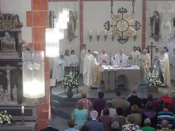 MS Shot of catholic mass at curch St. Marien Saarburg-Beurig, with cardinal Meisner, Cologne / Saarburg, Rhineland Palatinate, Germany Stock Footage