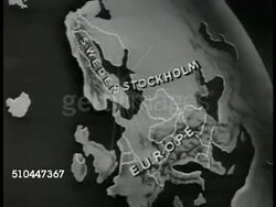 1949: MAP: Map of Sweden, animated air lines out of Stockholm to Europe. Instructional Video
