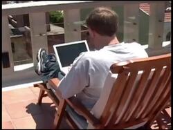 Workaholic Man Working With Laptop Computer On Rooftop Overlooking View Stock Footage