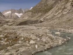 WS AERIAL View of Lake Grimsel and Raterichsboden reservoirs with Summit of Finsteraarhorn and Unteraargletscher / Lake Grimsel, Bern, Switzerland Stock Footage
