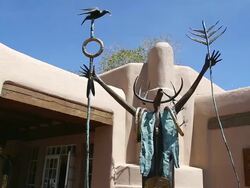 MS POV Shot of statue in front of art gallery / Santa Fe, New Mexico, United States Stock Footage