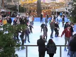 MS Shot of Christmas ice skating at Natural History Museum / London, United Kingdom Stock Footage