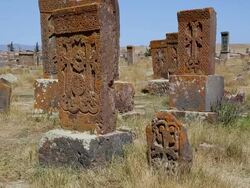 Noratus (Noraduz) cemetery, Sevan lake, tombstones and khatchkars in the cemetery Stock Footage