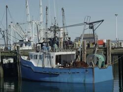 Blue fishing boat on the pier at Provincetown Cape Cod. Stock Footage