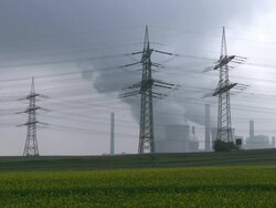 WS View of running coal power plants and electric pole with wire / Neurath, North Rhine Westphalia, Germany Stock Footage