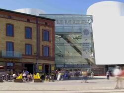 T/L Stralsund Harbor with the  Ozeaneum (Deutsches  Meeresmuseum, German Oceanographic Museum) Stock Footage