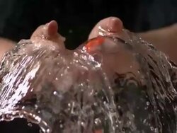 High speed Orange water-filled balloon bursts in man's hands against black Stock Footage