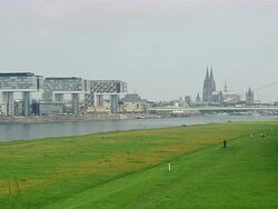 WS Cologne Cathedral with three Cranehouses at near River / Cologne, North Rhine-Westphalia, Germany Stock Footage