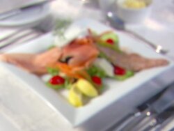 CU R/F Plate of food, salmon salad / Mpumalanga, South Africa Stock Footage