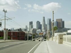 High speed static shot of streets toward the sky scrapers in Los Angeles. Stock Footage