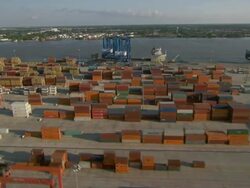 AERIAL WS View of Container yard near of river / New Orleans, Louisiana, United States Stock Footage