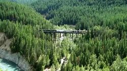 Train crossing bridge in wilderness in Montana, USA Stock Footage