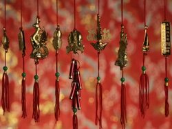MS Gold Chinese decorations hanging on red strings / Singapore, Singapore, Singapore Stock Footage