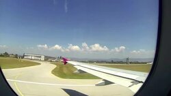 Plane taking off trough cabin window Stock Footage