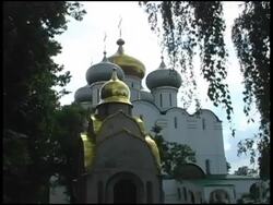 Moscow Onion Domes: Cathedral Our Lady of Smolensk Through Trees Stock Footage