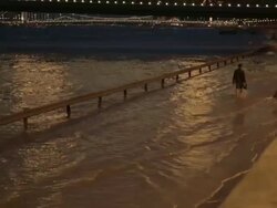 River Danube flooding over the Sztehlo GÃƒÂ¡bor road Stock Footage