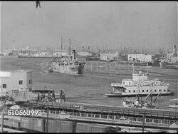 1948: LOS ANGELES, CALIFORNIA: HA WS Port w/ moving ships. WS NBC Building. WS CBS Building. WS Mutual Don Lee Broadcasting System Building. Instructional Video