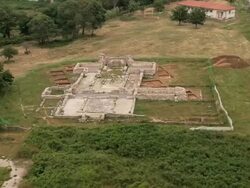 WS AERIAL View of Zalongo Monastery and the statue up hill / Epirus, Greece Stock Footage